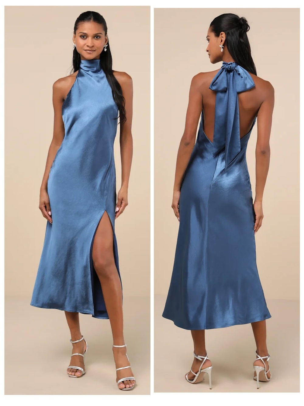 Lulus Exceptional Status Blue Halter Backless Slip Midi Dress Size Medium Gala